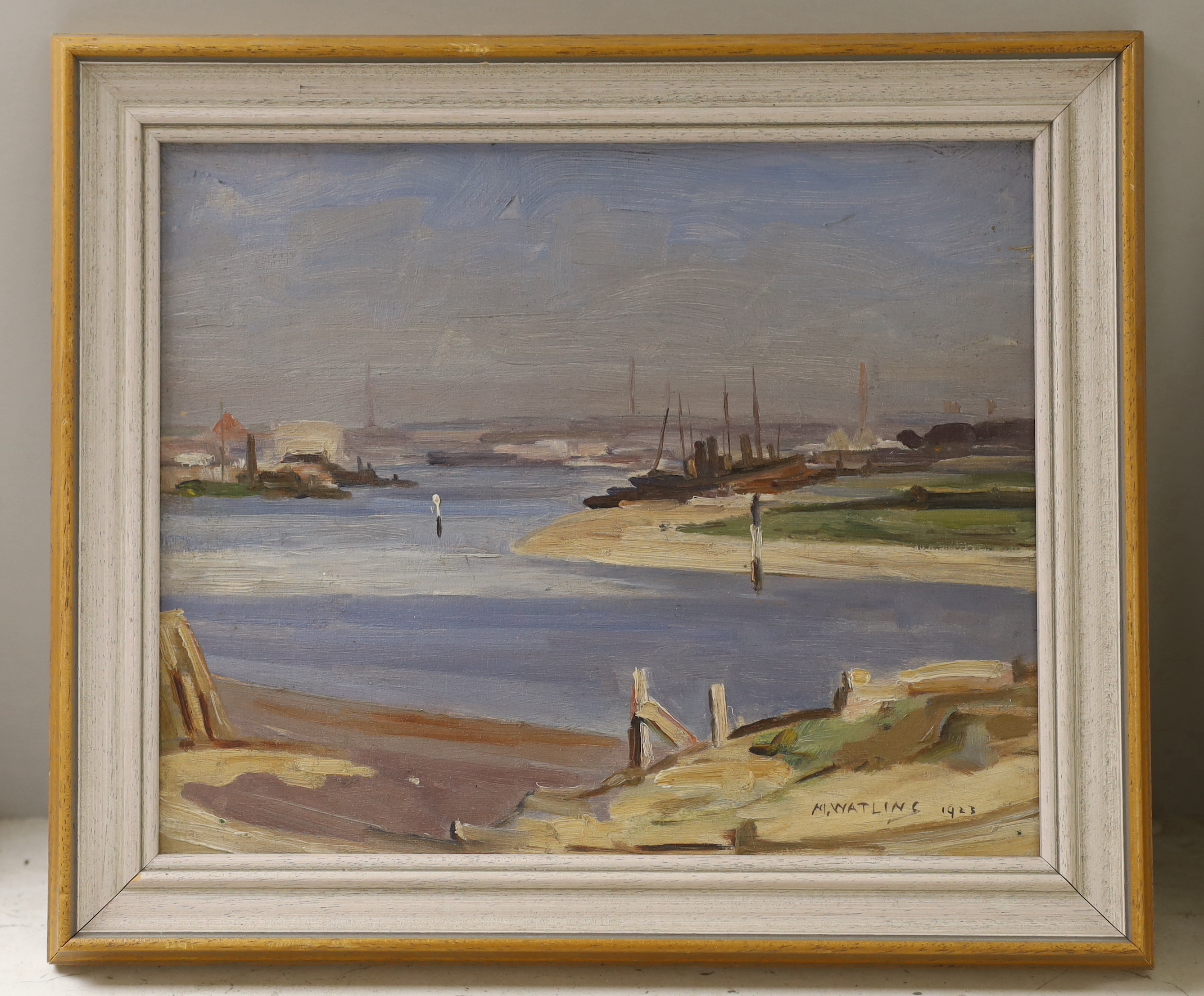 Meredith Watling (20th century) Impressionist oil on board, 'Oulton Broad looking towards Yarmouth', signed and dated 1923, 26 x 21cm